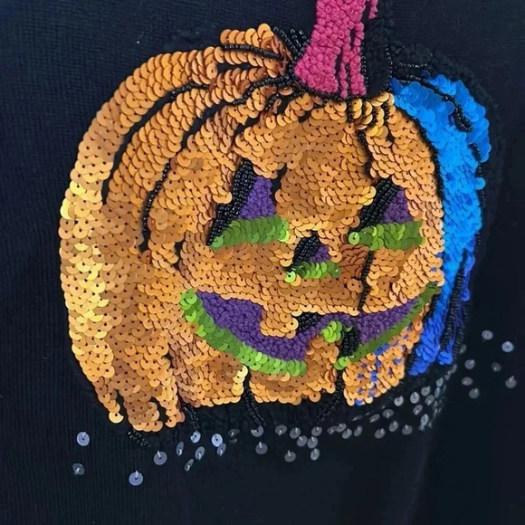 Y2K rare Michael Simon sweater,Halloween pumpkin sequins,2004, PTP 17.5-20”, EC - Picture 5 of 17